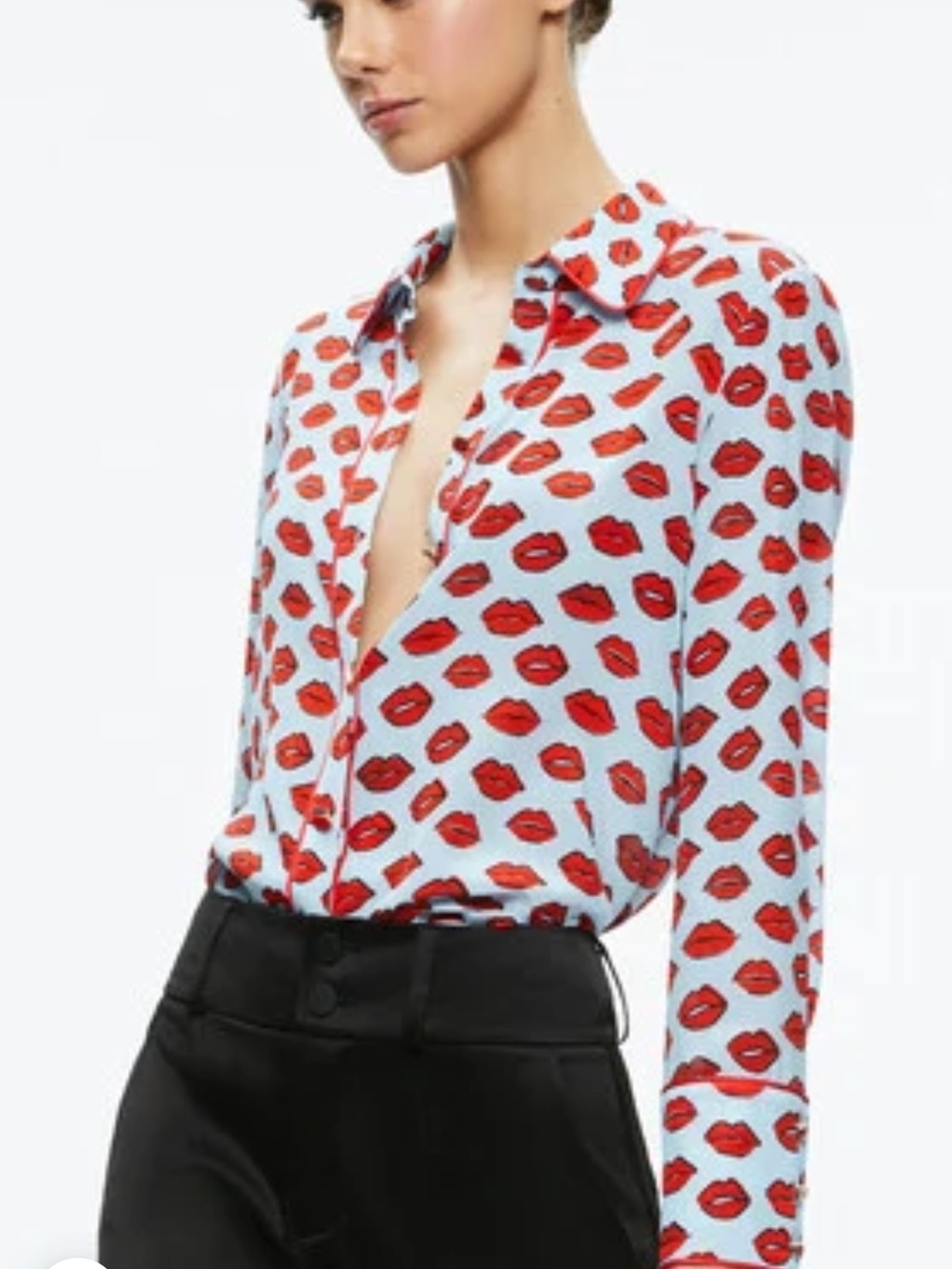 Red Lip Print Button-Up Blouse - Women's Top